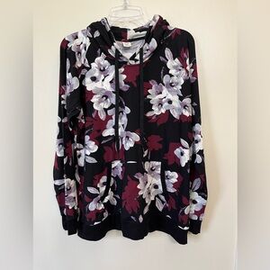 Floral Print Hoodie Sweatshirt - Black and Burgundy